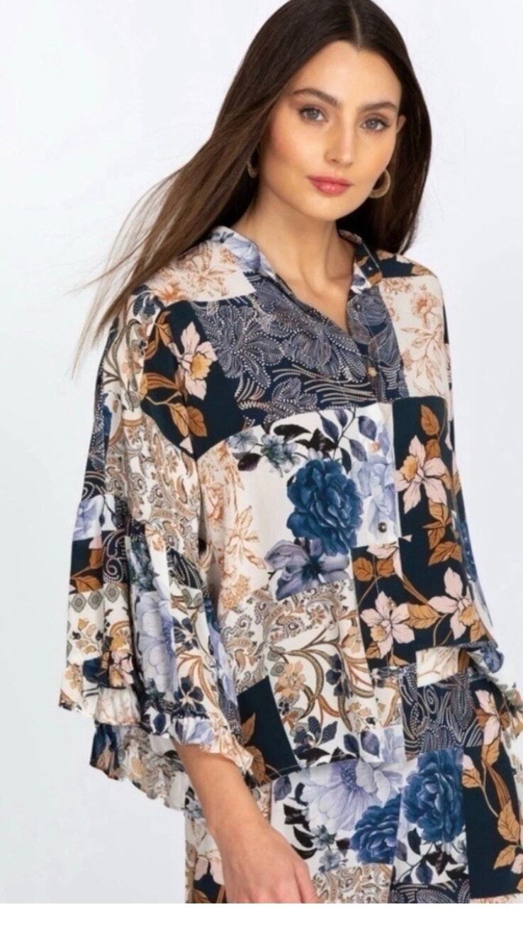 Johnny Was Jade Boho Floral Peasant Silk Ruffle Sleeves Button Blouse Size L